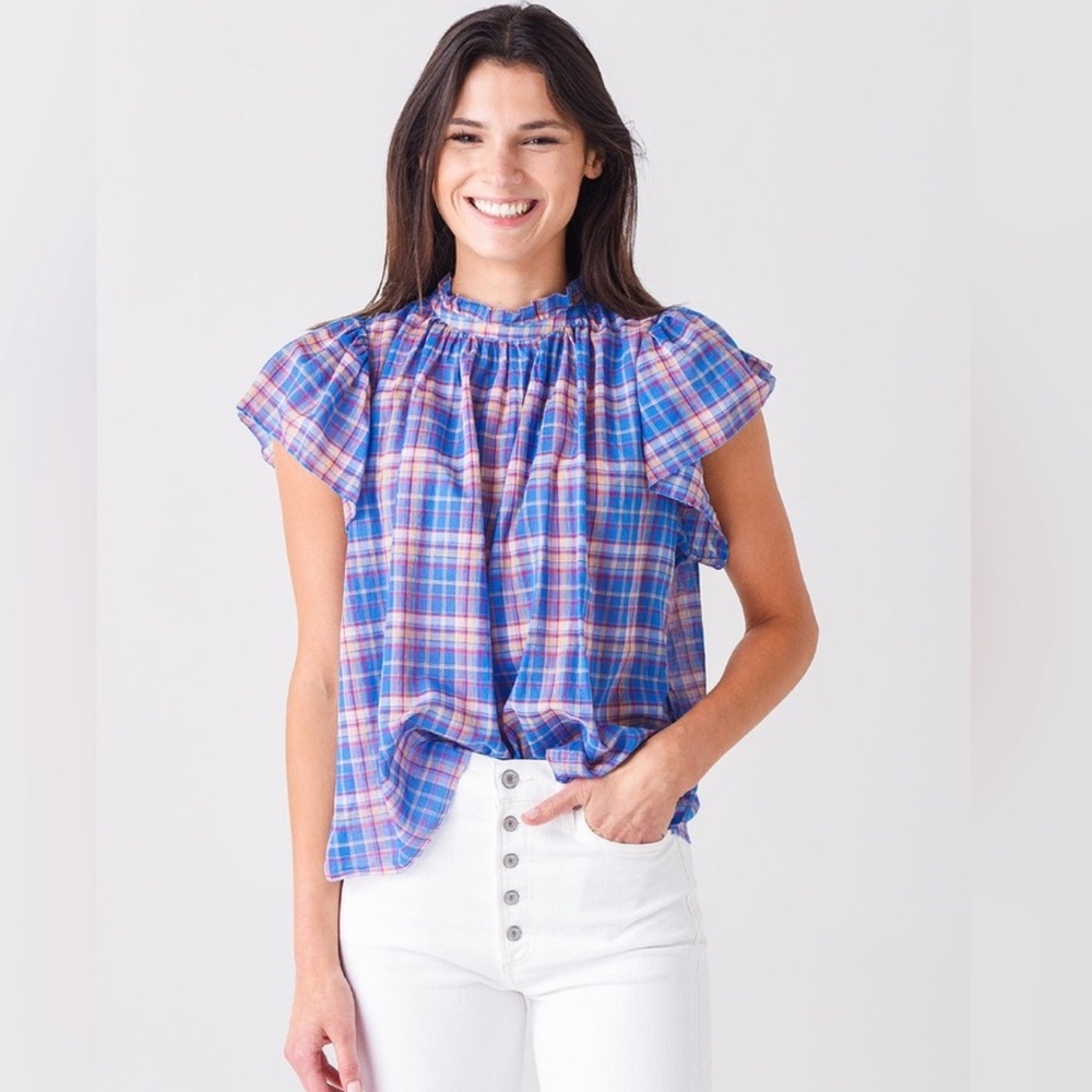 TROVATA Birds of Paradise Carla High Neck Shirt in Blue Plaid Medium